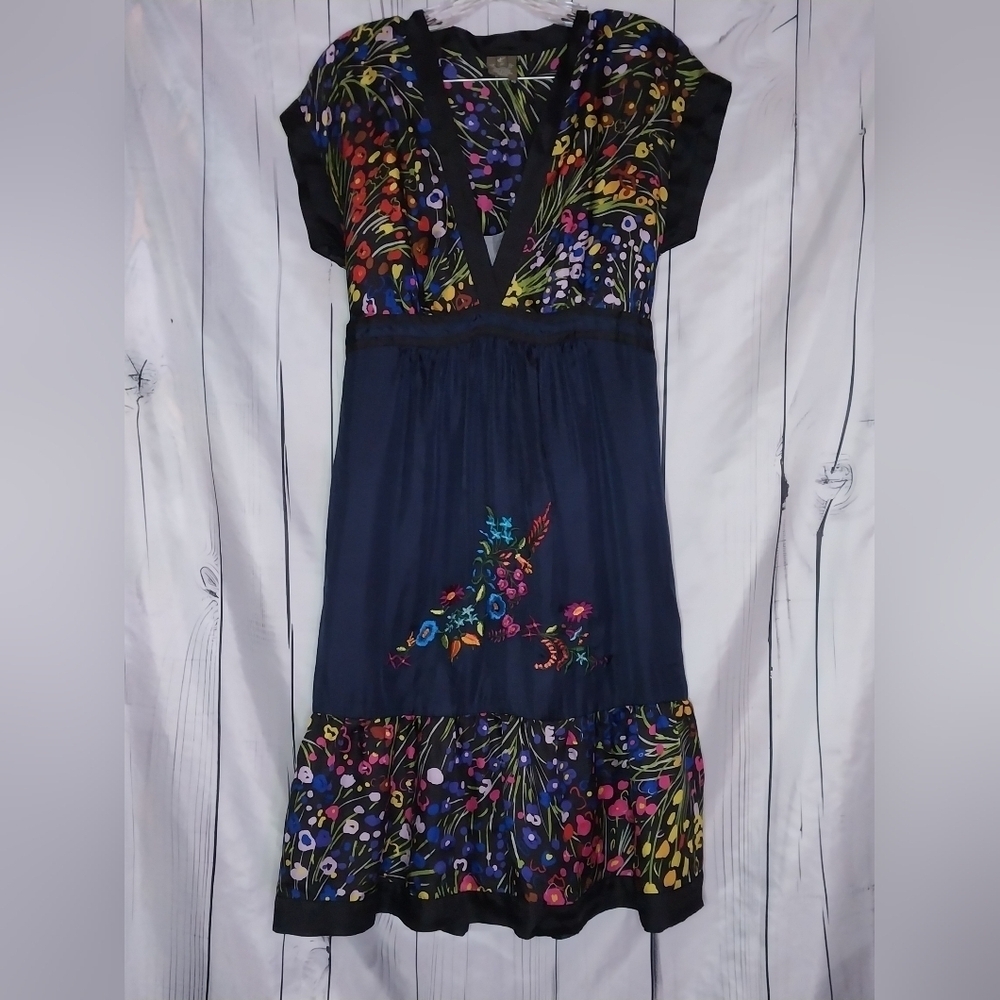 Anthropologie Fei Efflorescent Silk Floral BohoChic Folkloric V-Neck Dress